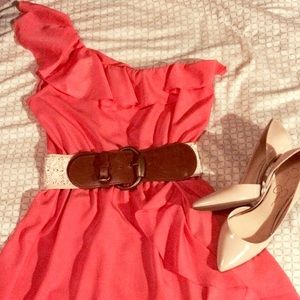Short Peach Summer Dress with Belt